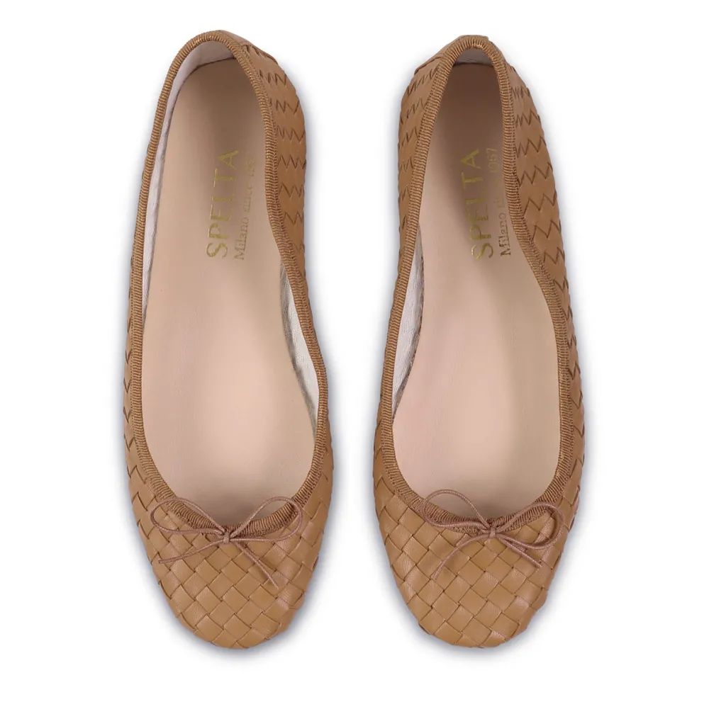 New By Milaner Nicole Ballet Flat in Woven Leather Caramel Shoes