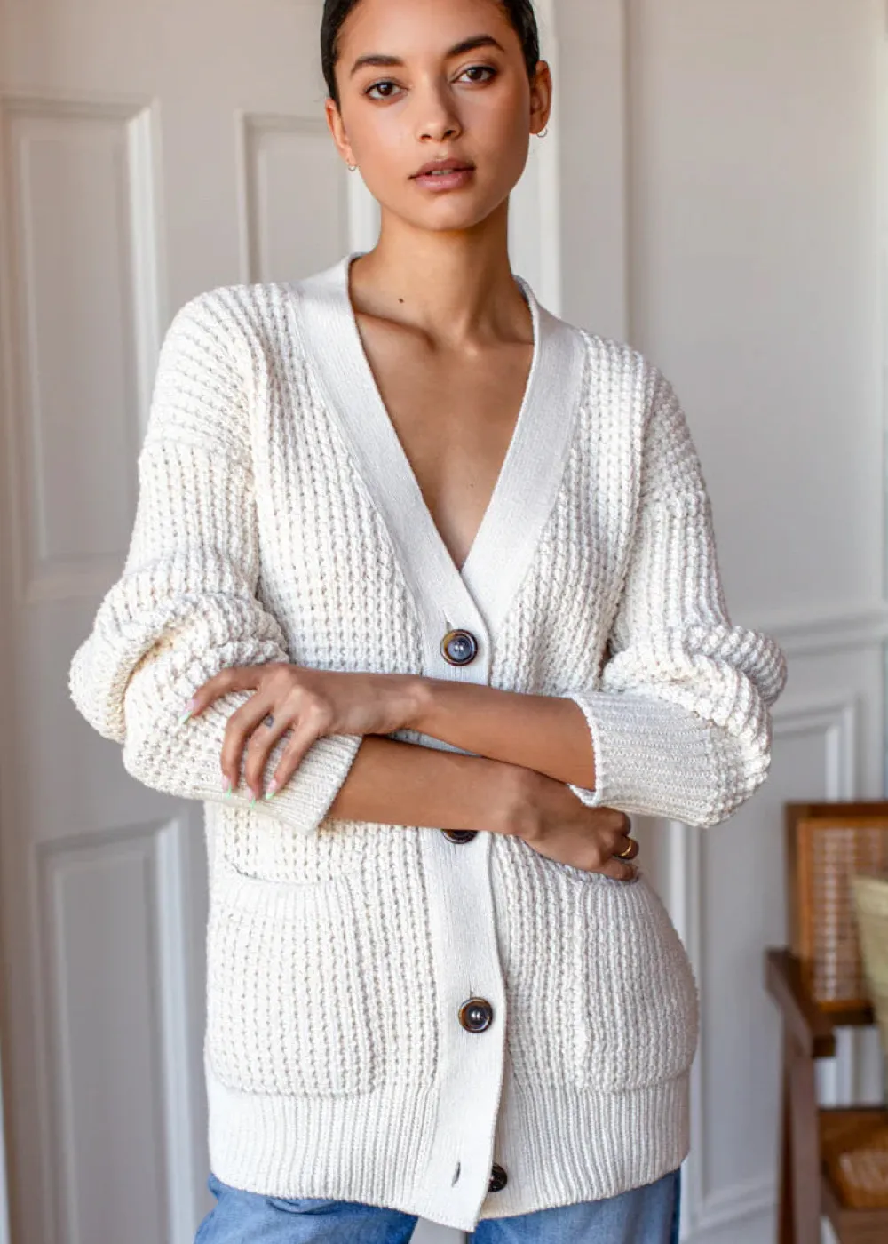 Hot Cozy Cotton Cardigan in Ivory Tanguis Tops