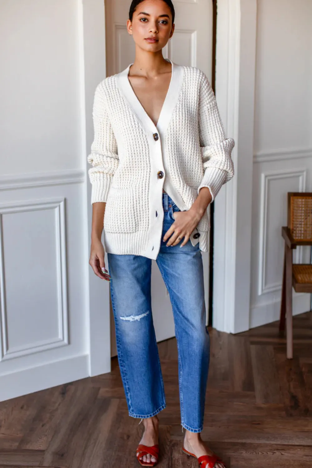 Hot Cozy Cotton Cardigan in Ivory Tanguis Tops