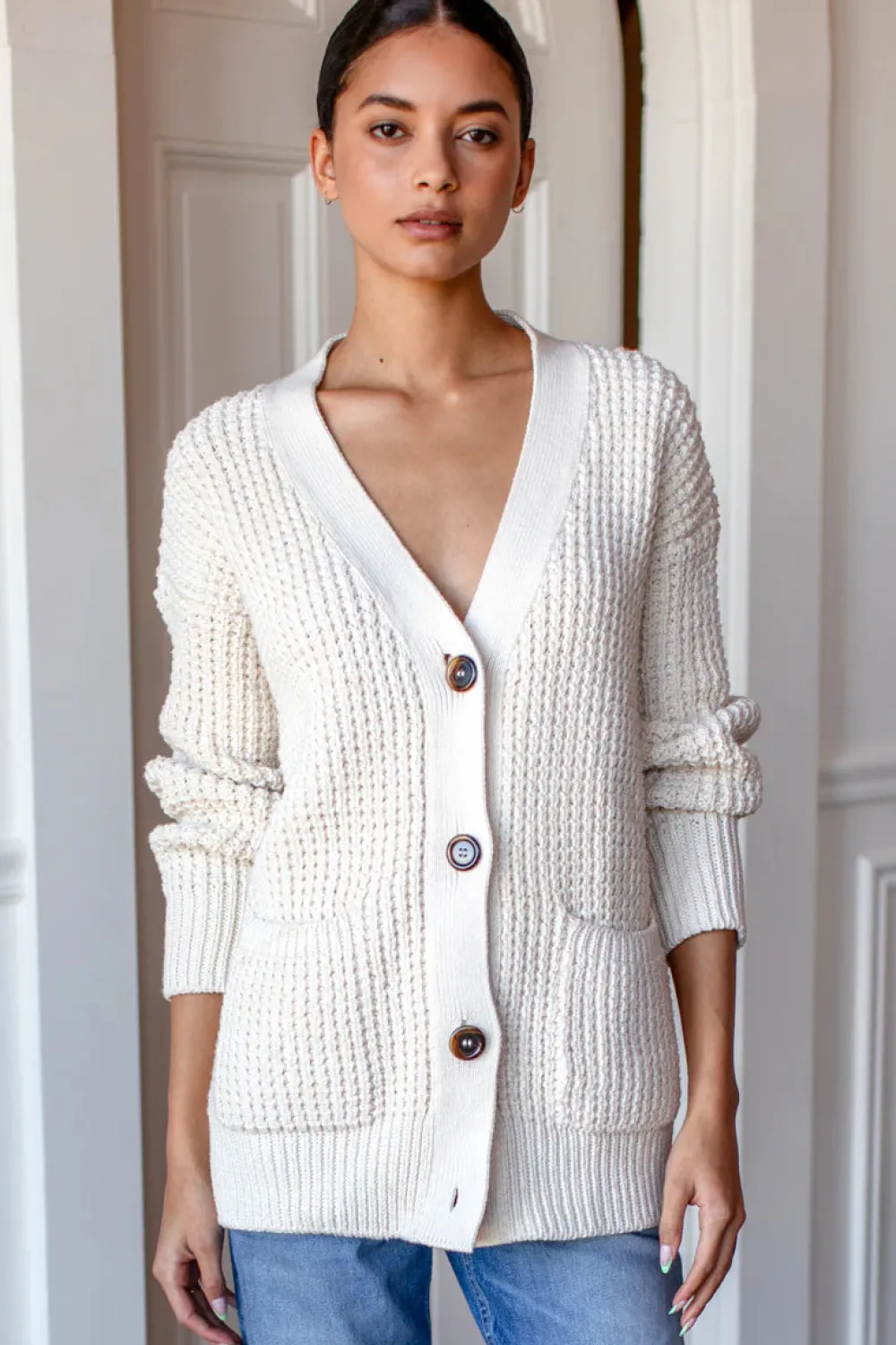 Hot Cozy Cotton Cardigan in Ivory Tanguis Tops