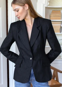 Online Sculptural Blazer Black Linen Tops