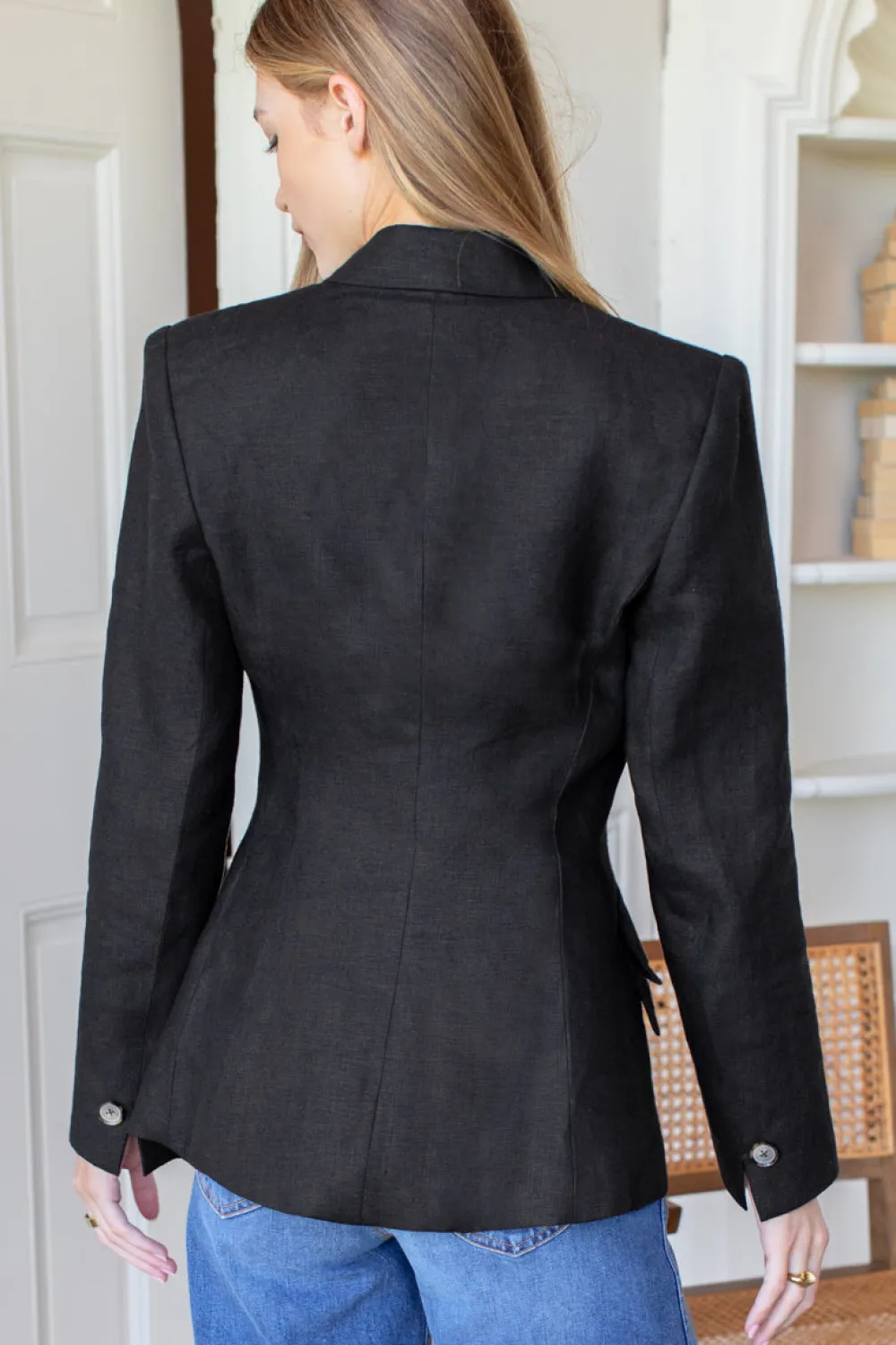 Online Sculptural Blazer Black Linen Tops