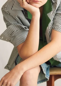 Outlet The New Oxford in Black Stripe Cotton Tops